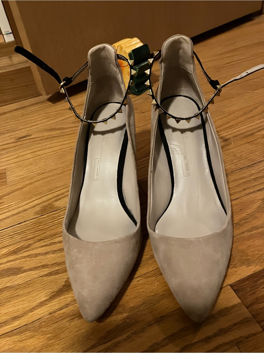 Zara Pointed Toe Ankle Strap Pumps in Taupe Suede